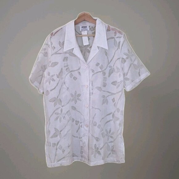 Cover Me Swim Cover Up 12 (10-12) White SS Buttons Floral Sheer Side Slits Beach - Picture 1 of 14